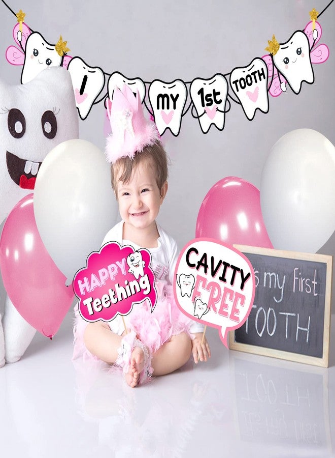 Zyozique I Got My First Tooth Photo Booth Props and I Got My First Tooth Paper Banner With Balloons /First Tooth Decoration/First Tooth Decoration Items for Baby (Pack of 42) Pink - Image 4
